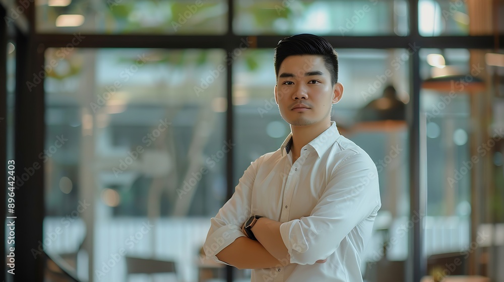 Poster business man and confident for portrait in office with ideas planning and information of startup com