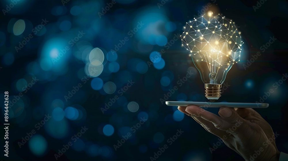 Fototapete Hand holding tablet with bulb for Artificial Intelligence or AI brain analysis informationTechnology and science conceptmachine learning systemHitech and futuristic world : Generative AI