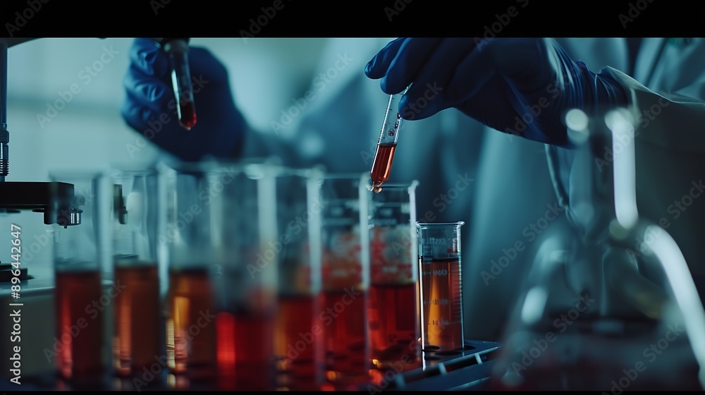 Aufkleber A scientist uses laboratory equipment for a research experiment test tube is essential for chemists to use in experiments scientific researchers must concentrate on testing samples in  : Generative AI