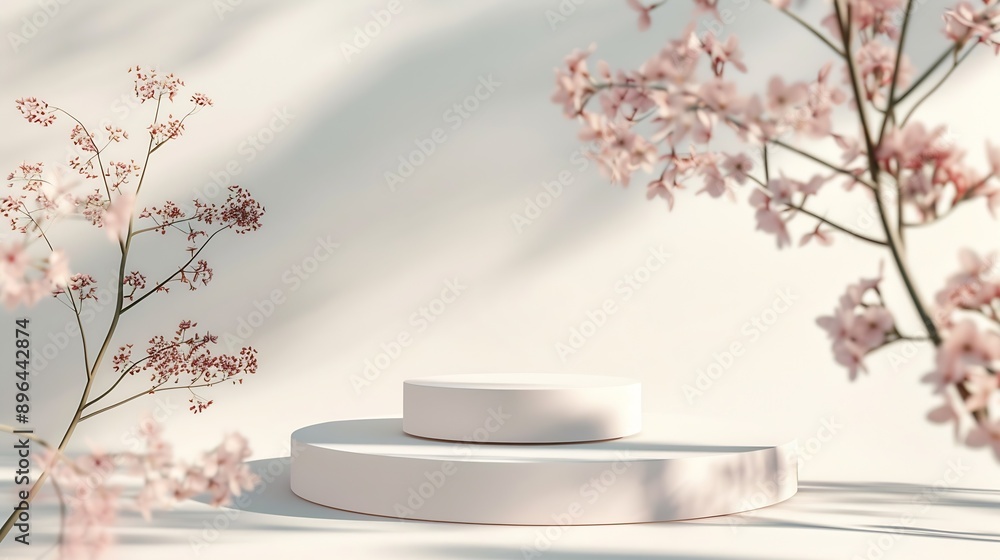 Poster Abstract minimal scene with geometrical form Cylinder podium on white background with floral shadow Abstract background Scene to show cosmetic podructs Showcase display case 3d render : Generative AI