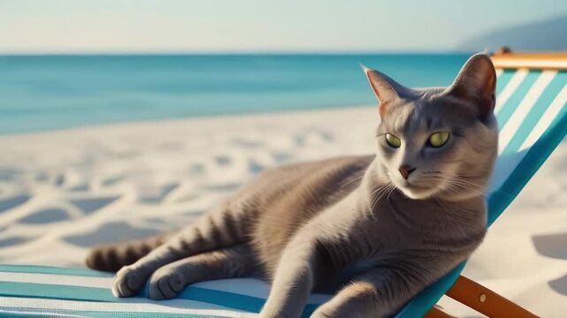 A grey cat lies on a sun lounger on the beach against the backdrop of the sea. The concept of relaxation, vacation and travel