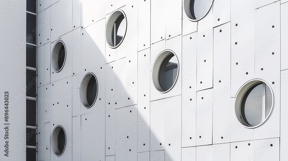 Poster Modern minimalist architecture A building with white walls and small round windows Geometric pattern on white background : Generative AI