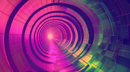 A stylized sci-fi tunnel with bold pink and green colors, creating a sense of depth and futuristic exploration.