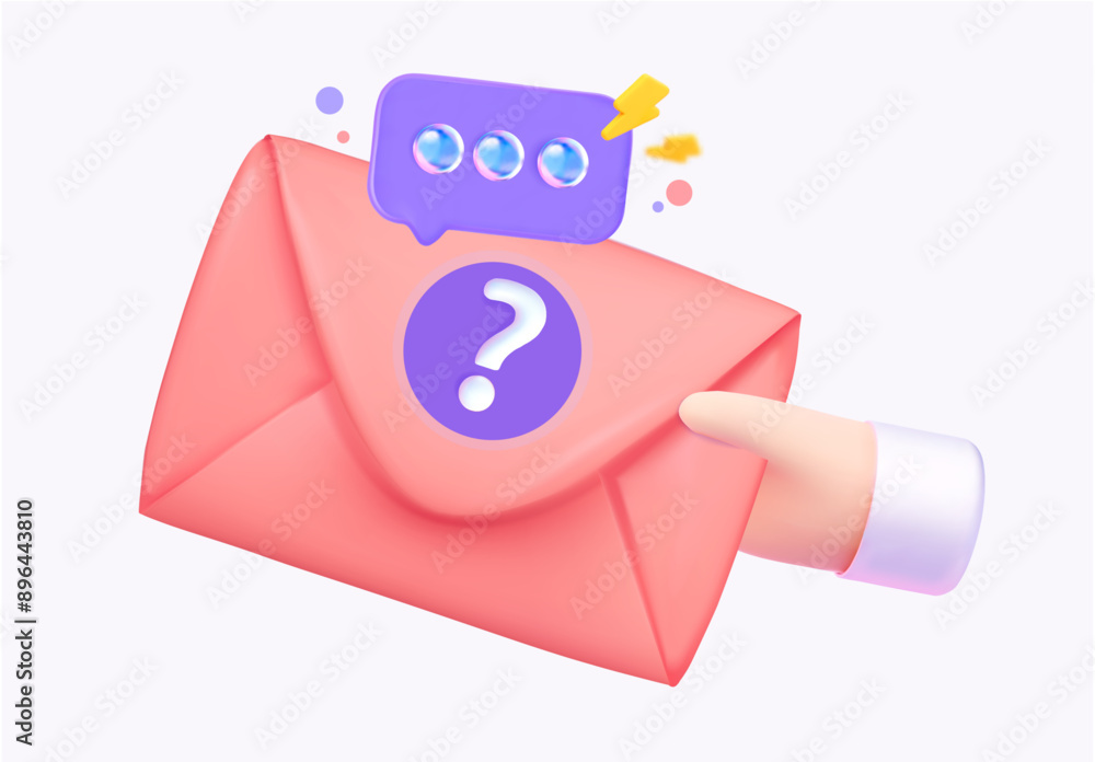 Poster 3d hand holds a red envelope with a question mark and a chat dialogue