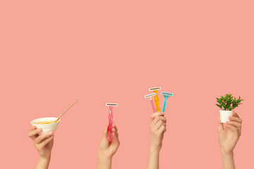 Female hands holding bowl with sugaring paste, houseplant and razors on pink background