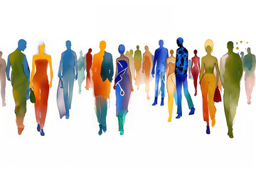 Abstract silhouettes of people in colorful watercolor style walking. Art illustration with white background. Community and diversity concept for design and print.