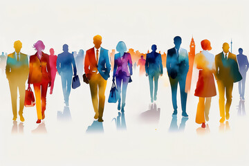 Abstract silhouettes of people in colorful watercolor style walking. Art illustration with white background. Community and diversity concept for design and print.