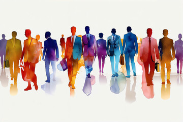 Group of men in colorful suits and walking. Watercolor illustration with abstract background. Business and fashion concept for design and print