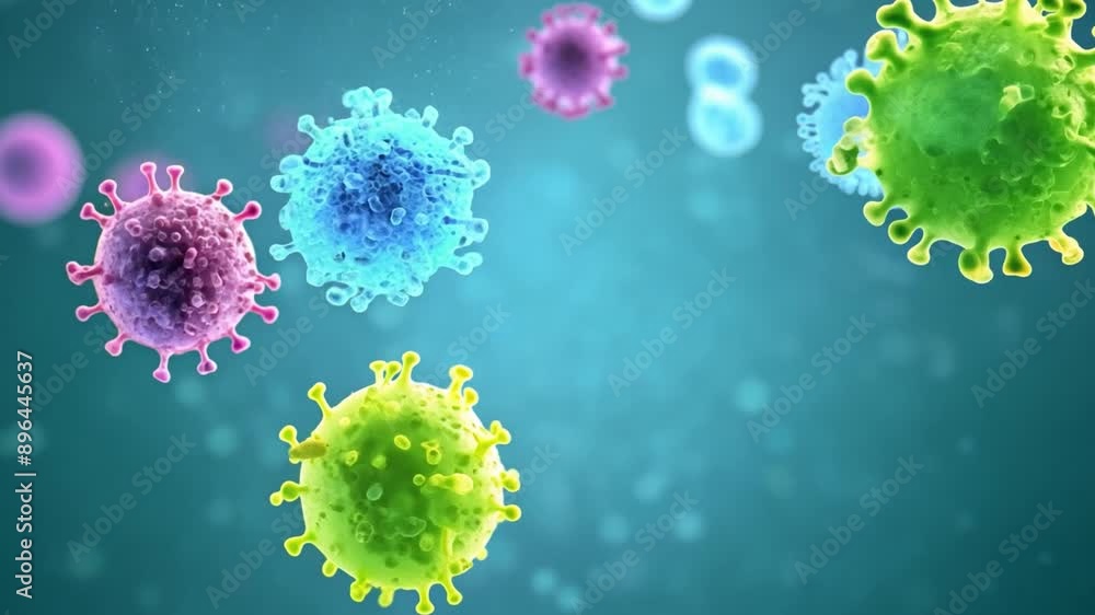 Leinwandbilder A 3D rendering of colorful viruses floating on a teal background. The viruses are various shades of blue, green, and purple.