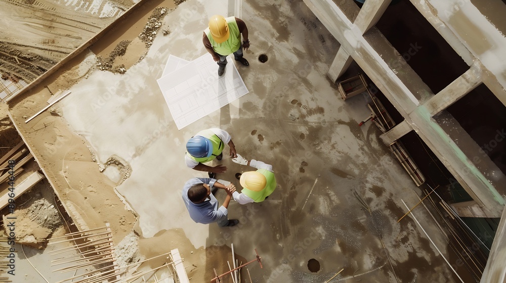 Fototapete top down aerial view of architect engineer team shake hands and discussing about building constructi