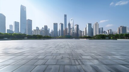 Empty square floor with modern city buildings scenery in Guangzhou Road and buildings background : Generative AI