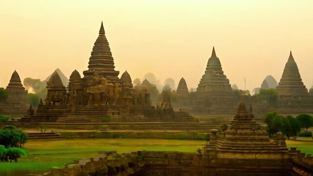 A beautiful city with two large buildings and a lush green field. The buildings are old and have a unique design. The sky is cloudy and the sun is setting, creating a warm and peaceful atmosphere