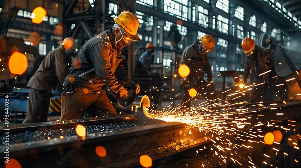 Poster workers in a shed, doing heavy work with lots of steel, sparks and heavy tools : generative ai