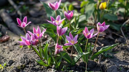 Violetpink Miscellaneous lowgrowing tulips Tulipa humilis Violacea bloom in a garden in March : Generative AI