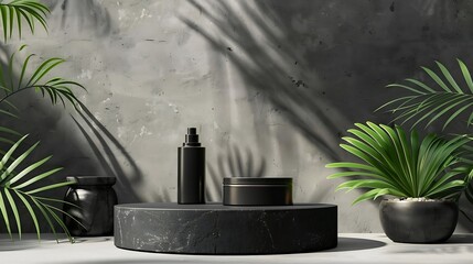 Black stone product podium for product display Mockup for exhibitions or presentation of cosmetic products or packaging 3d rendering : Generative AI