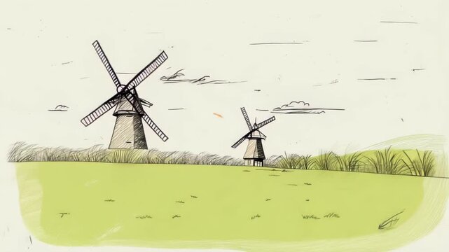 Wide shot: Two windmills stand in a verdant field. Gentle animation brings the sketch to life, with subtle movement in the grass and rotating windmill blades.	