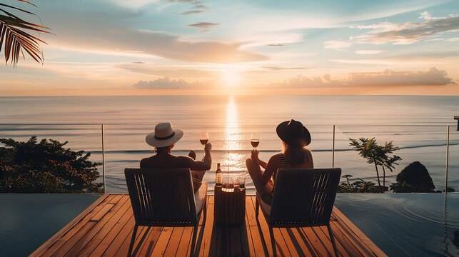 create an image of a couple enjoying their wealth ona deck overlooking the ocean : Generative AI