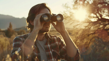 Fototapeta premium A young man in a plaid shirt birdwatching with binoculars under a bright sunlit sky, enjoying an outdoor hobby and nature.