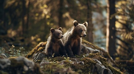 Obraz premium Two young brown bear cub in the forest Portrait of brown bear animal in the nature habitat Wildlife scene from Europe Cub of brown bear without mother : Generative AI