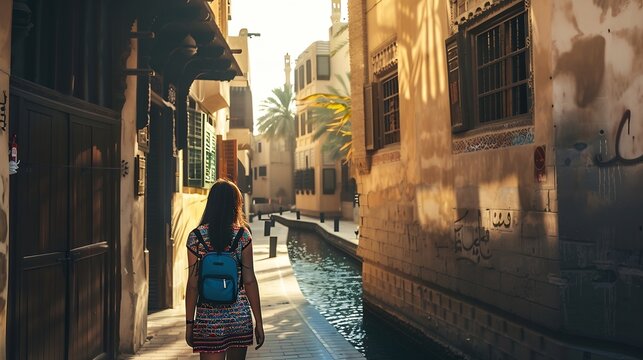 Woman tourist getting lost the old narrow streets of Bur Dubai and Creek Travel and sightseeing journey concept : Generative AI