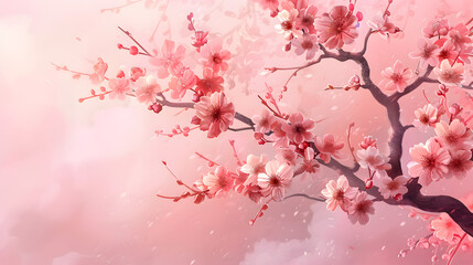 Fototapeta premium A blooming cherry blossom tree on a soft pink background.