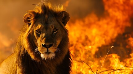 Africa mane lion male Botswana wildlife Lion fire burned destroyed savannah Savuti Chobe NP in Botswana Hot season in Africa : Generative AI