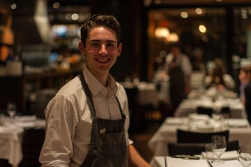 Fototapeta premium A cheerful waiter wearing an apron ready to take an order with notebook and pen by the tables in a restaurant