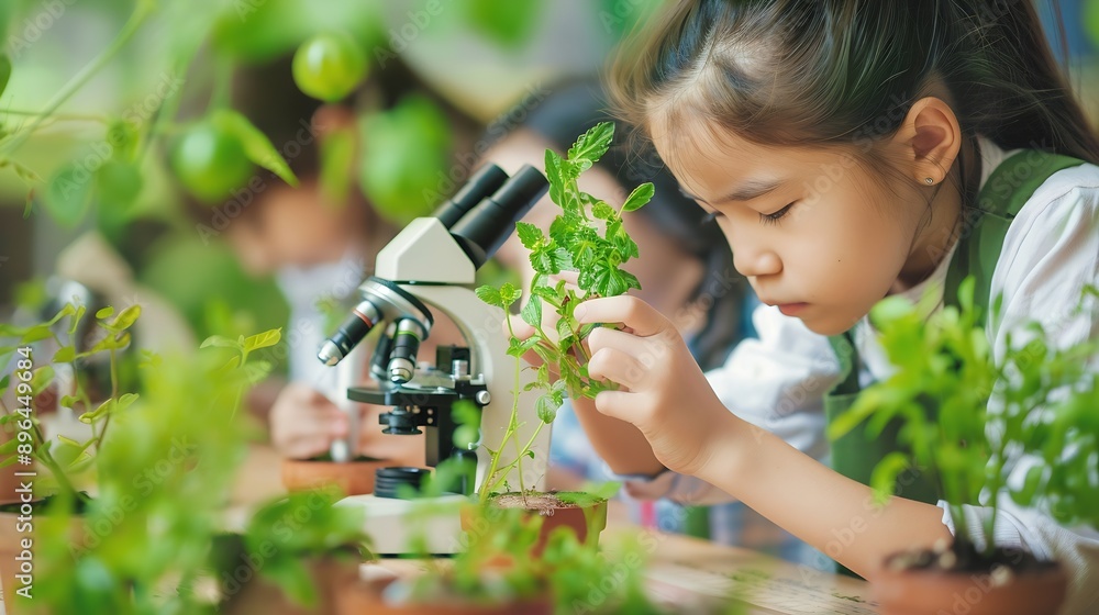 Aufkleber Learning students and children in classroom for microscope teacher and science for experiment of plants Container sample and observation of nature growth and development of kids with e : Generative AI