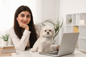 Young woman at workplace with laptop and her white Bolognese dog in office