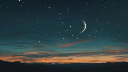 Crescent Moon and Stars in a Twilight Sky