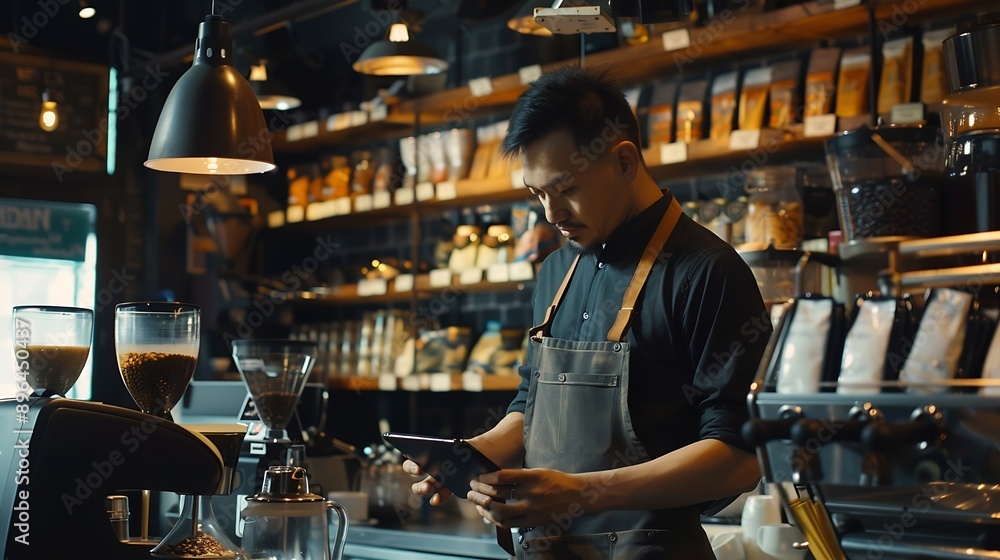 Poster Barista man and tablet for coffee shop inventory or online order on website in startup cafe Small business owner waiter and review with technology for stock menu or price checklist in  : Generative AI