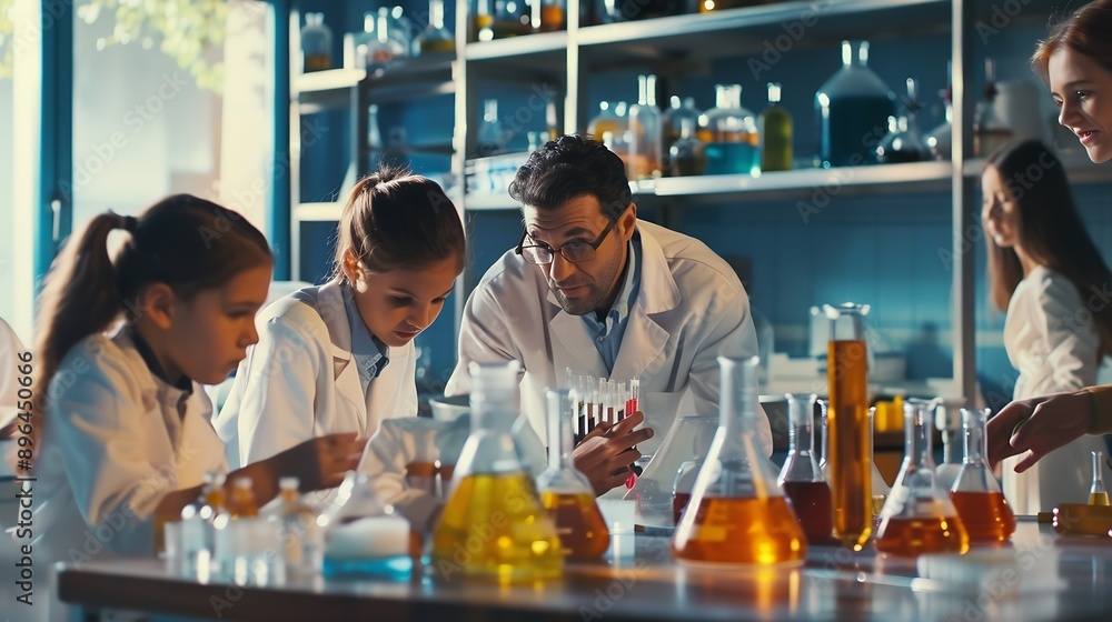 Aufkleber Education learning or science with teacher and students at table in laboratory for experiment or reaction Classroom school or study with woman scientist and children at academy for dev : Generative AI