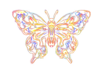 Gold glowing butterfly transparent energy flow, neon glow shining. Abstract effect with blurry particles, and bright light blue dynamic stripes. Digital art technology composition. Png