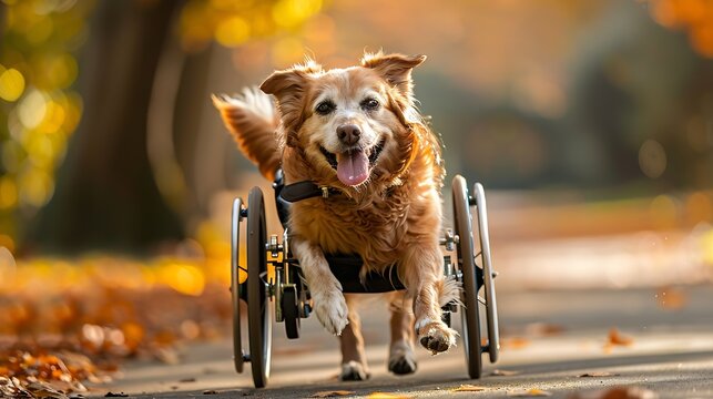 disabled dog in a wheelchair walks in the park : Generative AI