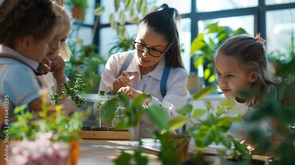 Poster science students and curious of plants children and teacher with container of sample of nature class