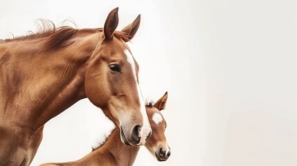 Obraz premium Mother Horse And Baby Horse Head On The White Background : Generative AI