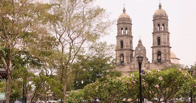 Morning view of the historic downtown church of central downtown Zapopan, Jalisco, Mexico.