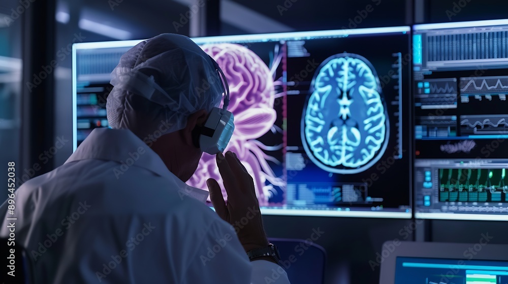 Poster doctor checking brain testing result with innovative medical technology diagnose and examine patient