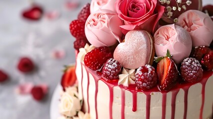 Romantic Cake with Flowers, Berries and Heart Shaped Macarons