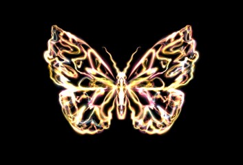 Gold glowing butterfly transparent energy flow, neon glow shining. Abstract effect with blurry particles, and bright light blue dynamic stripes. Digital art technology composition. Png
