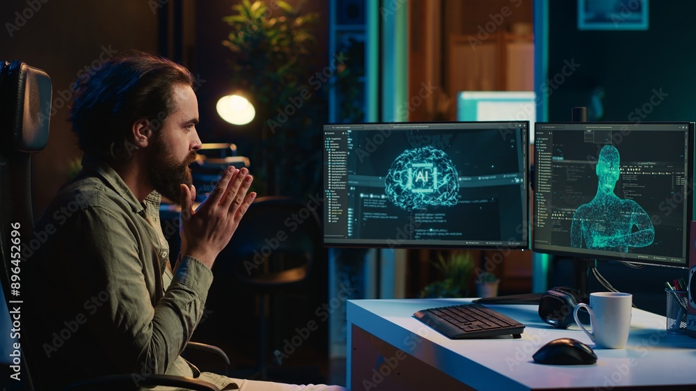 Poster man unable to believe eyes after seeing ai gaining humanoid form and consciousness, waving hand to s