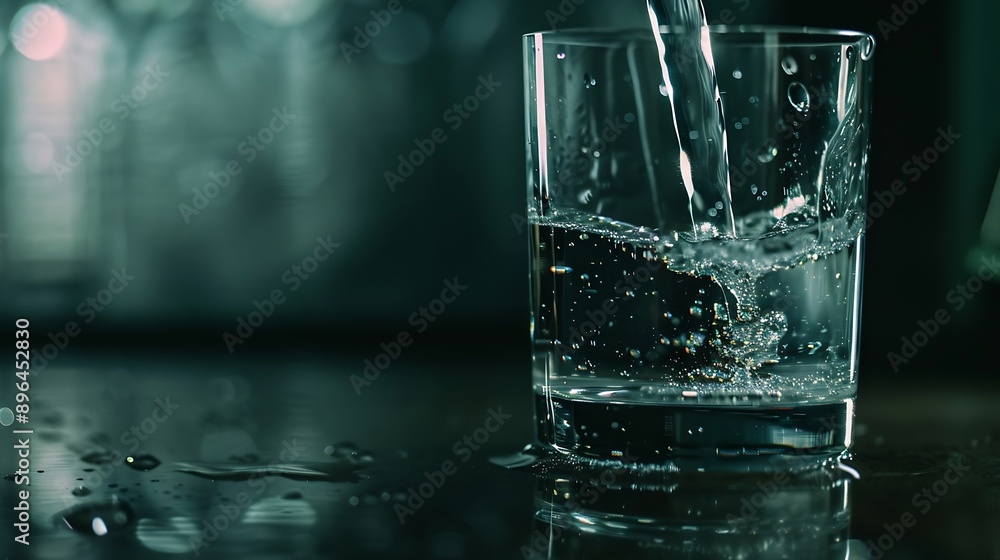 Aufkleber pouring drinking water in a transparent glass isolated on abstract background with glass table water resource concept with copy space : Generative AI