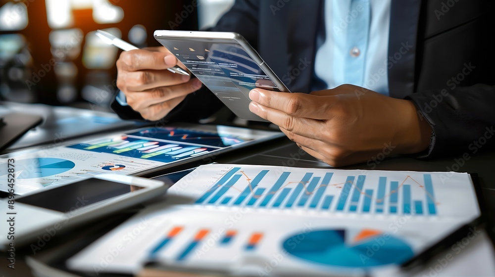 Poster business finance and investment concept businessman using digital tablet analyzing and calculating f