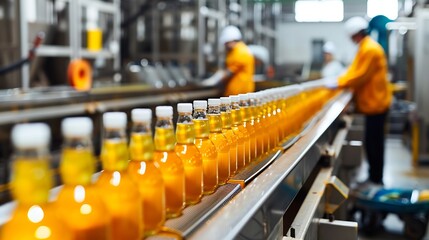 Obraz premium food and drink industry staff worker working at conveyor belt production line machine in beverage factory with clean and hygiene area : Generative AI