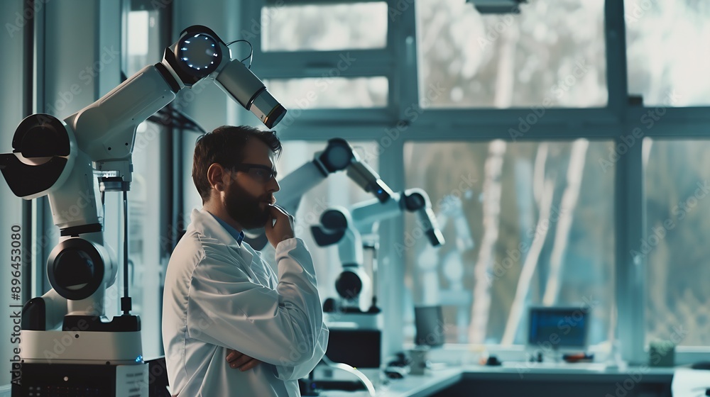 Poster Thoughtful scientist standing near robotic arms in front of window at laboratory : Generative AI