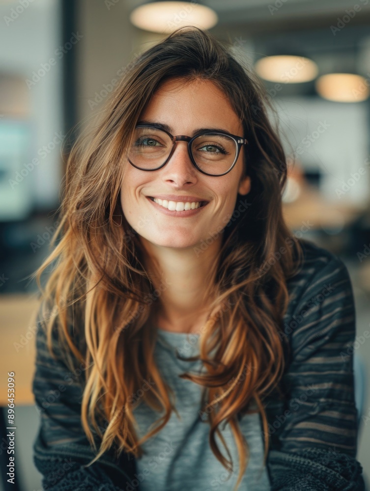 Sticker A happy woman wearing glasses and smiling directly at the camera