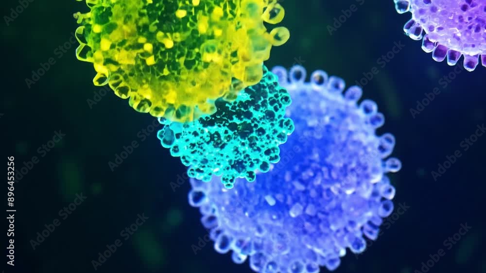 Poster a close-up view of a single cell, rendered in a blue and green color scheme, against a dark backgrou