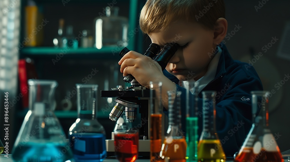 Aufkleber little scientist looking through a microscope and test tubes filled with chemicals for learning about science and experiments : Generative AI