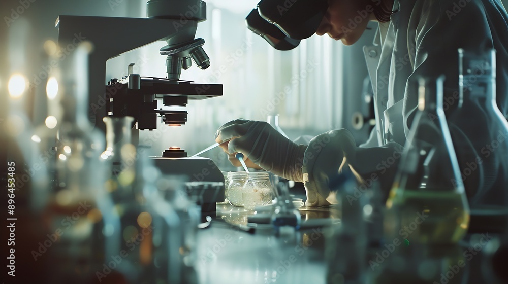 Poster scientist working in laboratory using micropipette mixing liquid chemicals with genetically modified