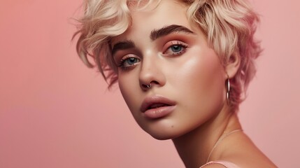 Fototapeta premium Beautiful model girl with short hair Beauty woman with blonde curly hairstyle dye Fashion cosmetics and makeup : Generative AI